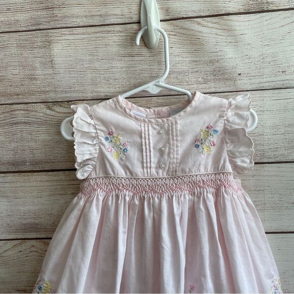VINTAGE PARISIAN EMBROIDERED DRESS IN PINK WITH ATTACHED RUFFLE SLIP - Picture 2 of 6